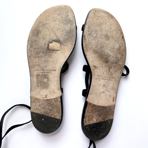 MANOLO BLAHNIK PRIMATHI LACE-UP STRAPPY FLAT SANDALS BLACK SUEDE SIZE 38 - Picture 10 of 10